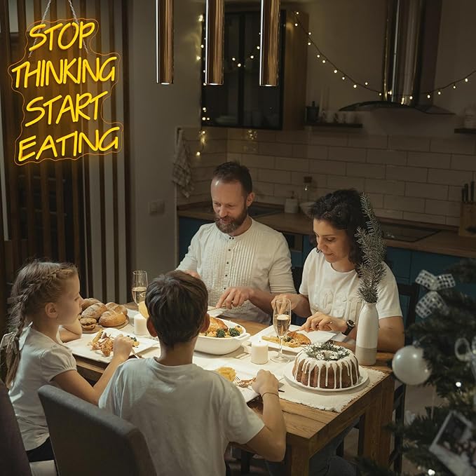Stop Thinking Start Eating Neon Sign - Fun LED Wall Decor for Restaurants, Kitchens & Food Lovers, USB-Powered with Adjustable Brightness, Humorous Dining Lighting