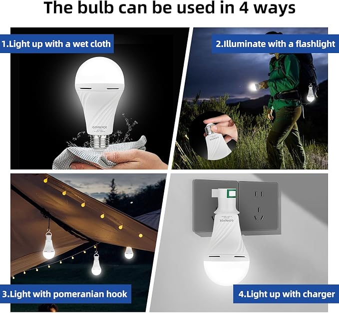6 Pack Rechargeable Emergency Light Bulbs, Battery Powered LED Light Bulb | Daylight 9W E26 6500K 1500mAh for Home Power Outage Hurricane Blizzard Hiking Camping