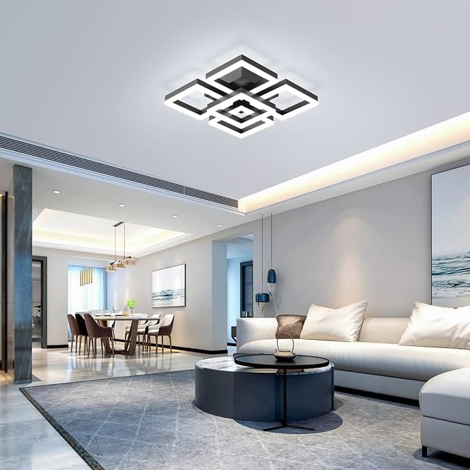 GEADI Modern 5-Square LED Ceiling Light, 64W Black Flush Mount | Dimmable Ceiling Lamp with Remote Control, 3000K-6500K, 17.7in Acrylic Chandelier for Living Room, Bedroom and Office