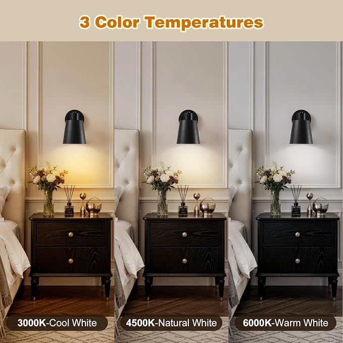 Black Battery Operated Wall Sconces Set of Two with Remote, Rechargeable Battery Powered Wall Lights, 3 Color Temperature, Dimmable, Modern Wireless Wall Lamps for Bedroom Living Room Hallway