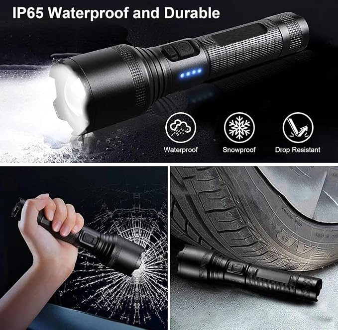 Super Bright Flashlight, LED High Lumens Flashlights, Emergency Strobe USB C Rechargeable 5 Modes 4X Zoomable IP65 Waterproof Powerful Flash Lights, EDC Everyday Flashlights