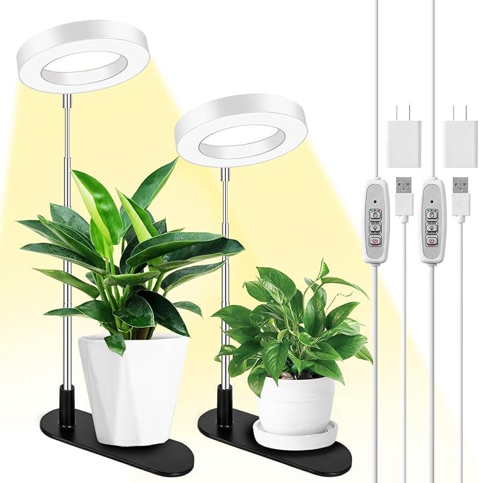 LORDEM Plant Grow Light, Full Spectrum Halo Desk Light, Height Adjustable 7.8"-26", LED Growing Lamp, Automatic Timer 4H/8H/12H, 4 Level Dimmable, Ideal for Indoor Plants, White, 2 Pack
