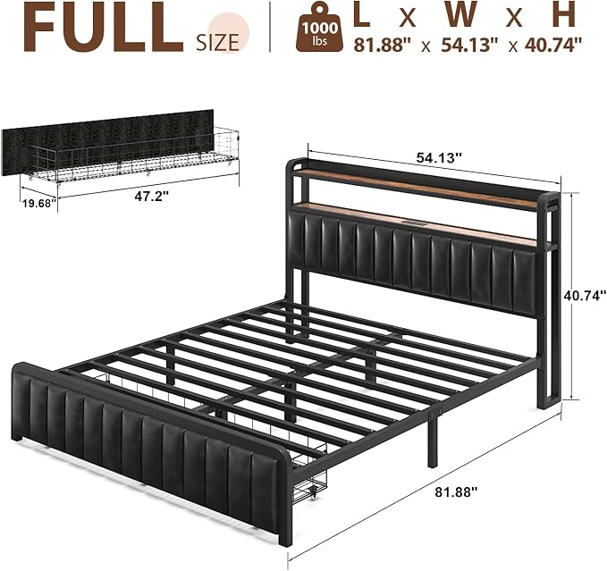 Full Size Bed Frame and Upholstered Storage Headboard, LED Light, Black | Built-in Charging Station, Wheeled Under-bed Drawers, Heavy-Duty Metal Slats, Noise-Free, Easy Assembly, No Box Spring Needed