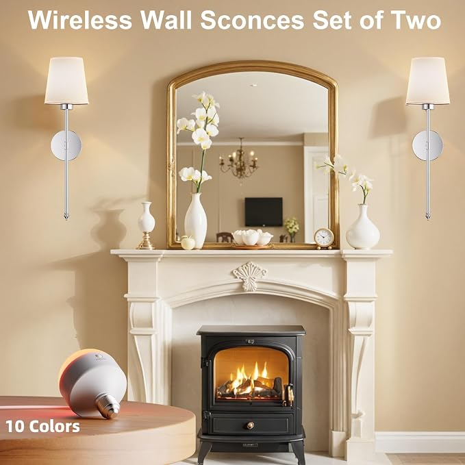 IRONPAX Wall Sconces Battery Operated Set of 2, Wireless Rechargeable Wall Sconce Set of Two, Dimmable Wall Lights with Remote for Bedroom Living Room Hallway Decor (Brushed Nickel, Fabric Shade)