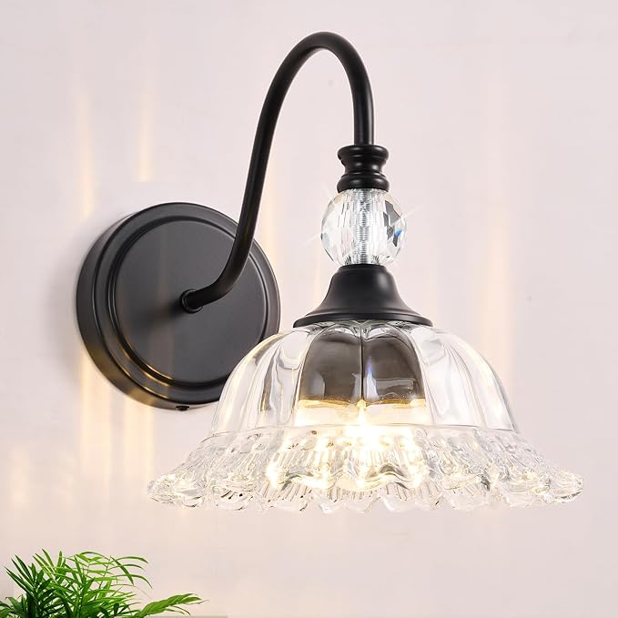 Vintage Bathroom Vanity Light Fixtures Matte Black Wall Sconces with Floral Crystal Glass Shade Wall Lights for Bathroom Bedroom Living Room Hallway Wall Decor(Exclude E26 Bulb)