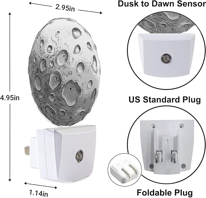 Big Silver Moon Nightlight Solar System Satellite Plug-in Night Lights with Dusk-to-Dawn Sensor for Bedroom, Bathroom and Living Room 0.5W Sleep Friendly for Women/Girls/Boys