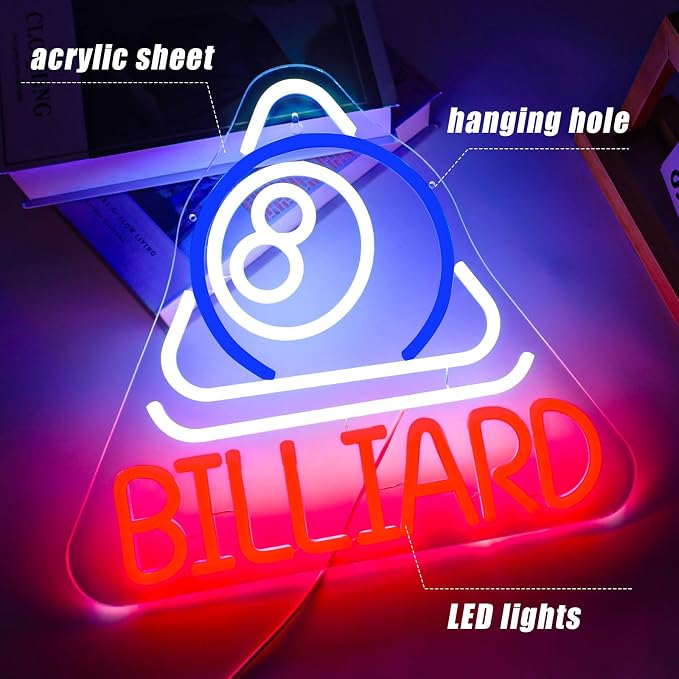 Billiard Neon Sign Pool Table Wall Decor LED Lights for Pool Room Decor | Dimmable USB Powered LED Sign for Bar Man Cave Club Pub Basement Arcade Room Decoration Billiards Lover Pool Hall Wall Decor