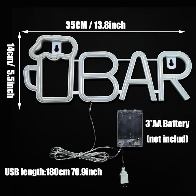 ENUOLI Bar Neon Sign, Beer Neon Light Bar LED Light,USB/Battery Powered Led Sign for Man Cave,Neon Sign for Wall Decor,Light Up Sign for Home,Club,Party Decor(Warm White)
