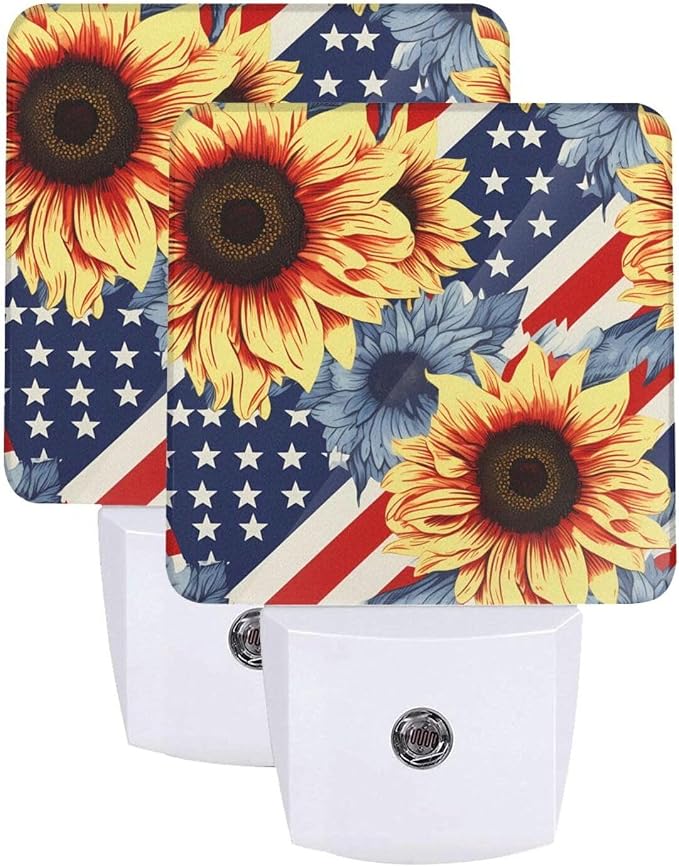 Sunflowers Floral Stripes Flag LED Plug-in Night Light 2-Pack, Auto Sensor Nightlights Set of 2 for Bedroom Bathroom Corridors