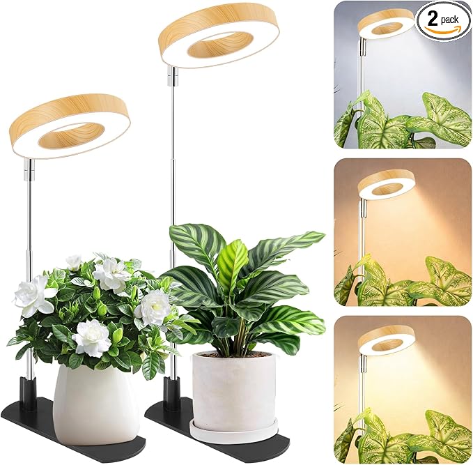 LBW Grow Lights for Indoor Plants, Full Spectrum Halo Grow Light with Base | 48 LEDs Bamboo Grain For Small Plant, Base/Soil Stake, 7.8-26" Adjustable, 6/8/12/16H Timer, 3 Color, 5 Brightness, 2 Packs