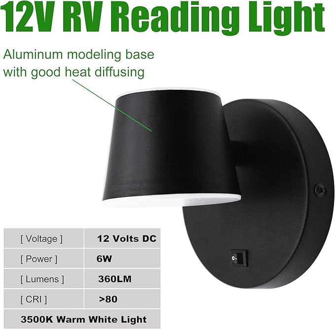 RV LED Bedside Reading Light with Switch - 2 Pack, 350° Rotatable 12V RV Vanity Wall Sconce, Black Finished, 12Volt RV Interior Lights for RV Camper Trailer Motorhome Boat