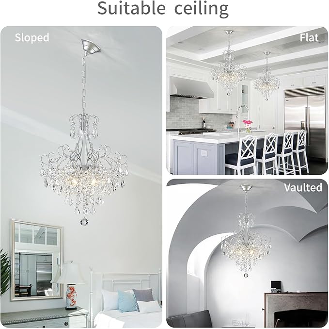 WUZUPS Crystal Chandelier 5-Light Pendant Ceiling Light Modern Lighting Fixture for Dining Room Hallway Bedroom Kitchen Bathroom, H 22.4" x W 18.3", E12 Base, Silver