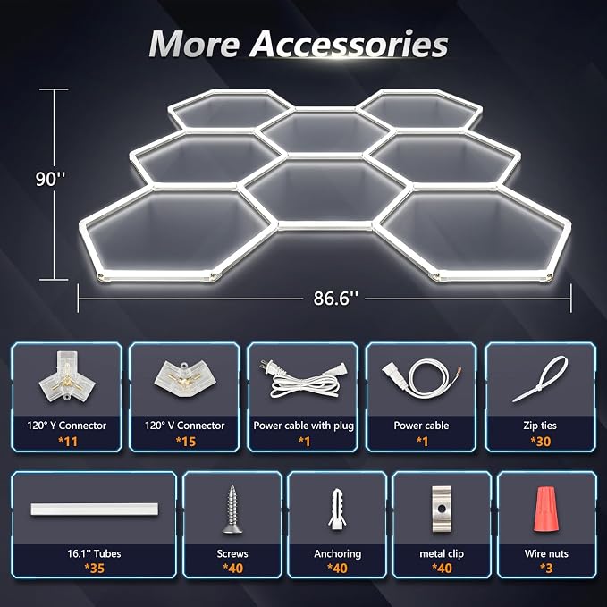 Bevenus Hexagon LED Garage Light, 6500K Super Bright Honeycomb Ceiling Light, Easy Install DIY Hex Lights for Workshop Basement Barbershop Home Gym Car Detailing Shop (8 Grids)