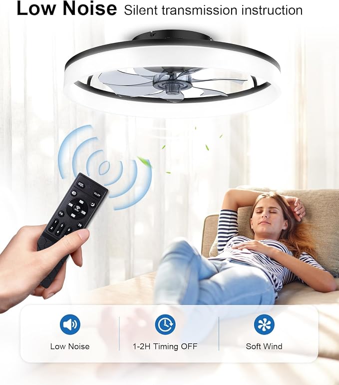 Ceiling Fans with Lights and Remote, 20" Modern Low Profile Ceiling Fan, 6-Speed Quiet Reversible Motor, Flush Mount LED Fan Light,Fandelier Ceiling Fans for Bedroom (Black)