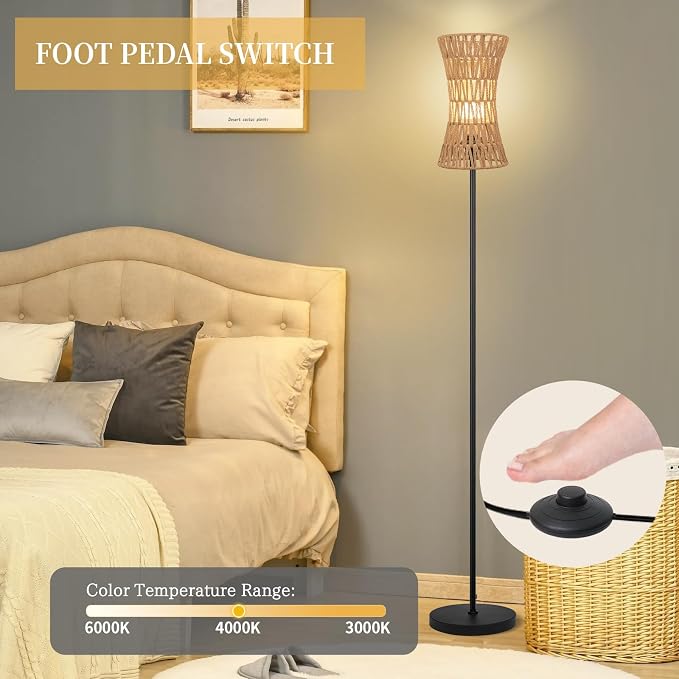 Ruiever Floor Lamp for Living Room,Farmhouse Floor lamp,Modern Standing lamp with Hand-Worked Rattan Shade (Slim Waist Rattan Shade-3 Color Bulb)