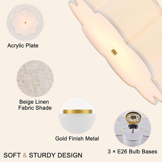 17.72" Gold Drum Ceiling Light, 3-Light Semi-Flush Mount | Linen Drum Shade, Gold Metal Frame, Modern Design for Laundry Rooms, Kitchens, Basements, and Bedrooms; E26 Base