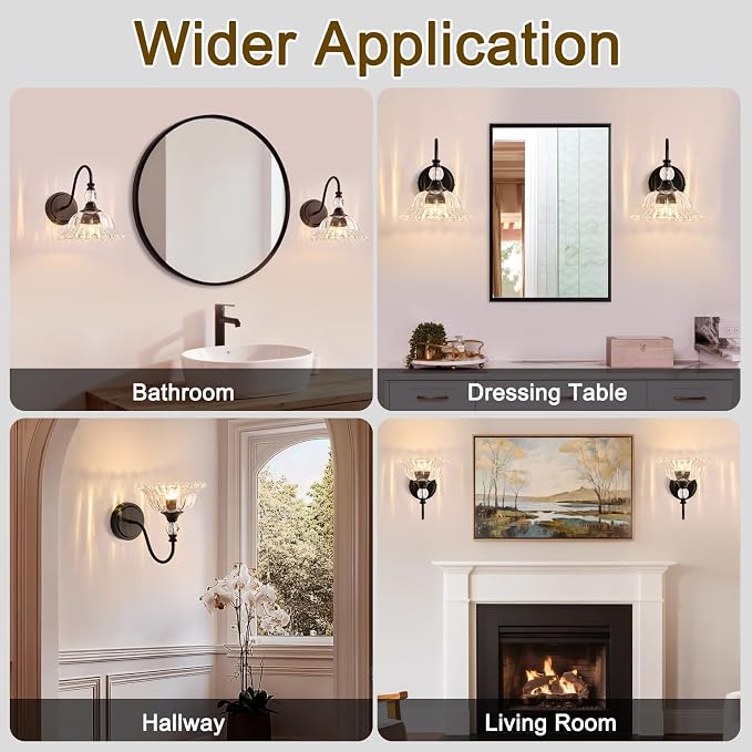 Vintage Bathroom Vanity Light Fixtures Matte Black Wall Sconces with Floral Crystal Glass Shade Wall Lights for Bathroom Bedroom Living Room Hallway Wall Decor(Exclude E26 Bulb)