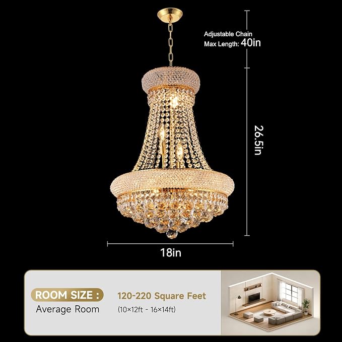 18" W 9 Light Luxury Foyer Chandeliers, Unique Empire K9 Crystal Chandelier for High Ceiling Foyer Entryway Living Room (Gold)