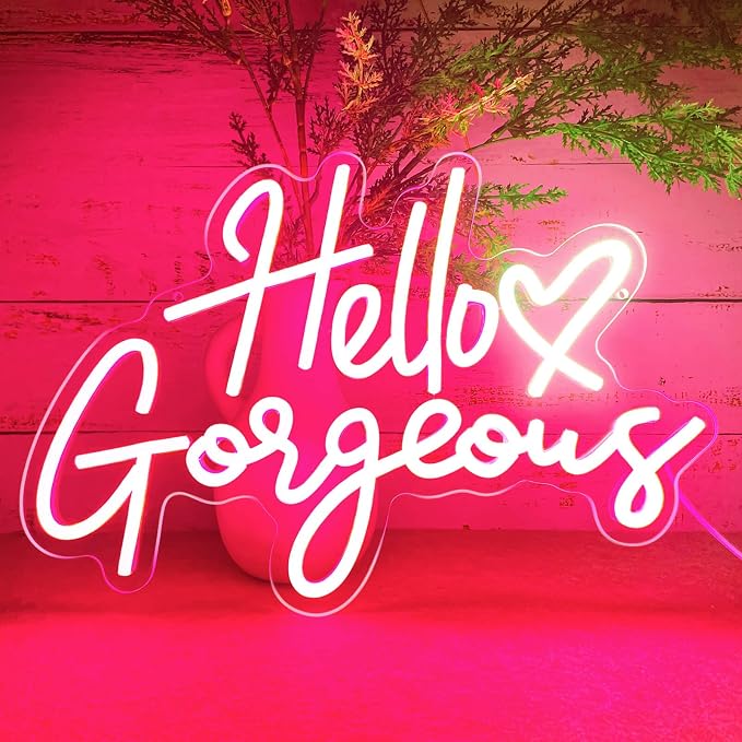 Hello Gorgeous Neon Signs for Wall Decor with Heart, Pink Gorgeous LED Sign Lights for Bedroom Dorm Home Salon Wedding Party, Cute Makeup Dressing Beauty Room Decor, Preppy Girls Woman Cave