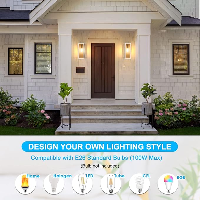 VerRon Outdoor White Wall Light Fixtures, Modern Exterior Wall Lanterns | Anti-Rust E26 Modern Lighting Fixtures Waterproof with Clear Glass Shades for Patio Garage Entryway Front Door, 2-Pack