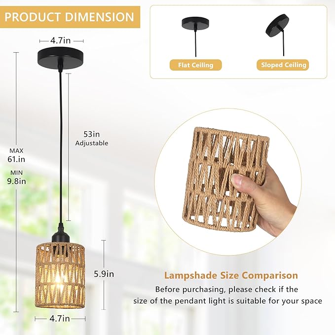 1-Light Rattan Pendant Lights, Boho Farmhouse Pendant Lighting with 4.7×5.9in Hand Woven Shade, Small Wicker Light Fixture Ceiling Hanging for Dining Room Kitchen, Height Adjustable up to 61in