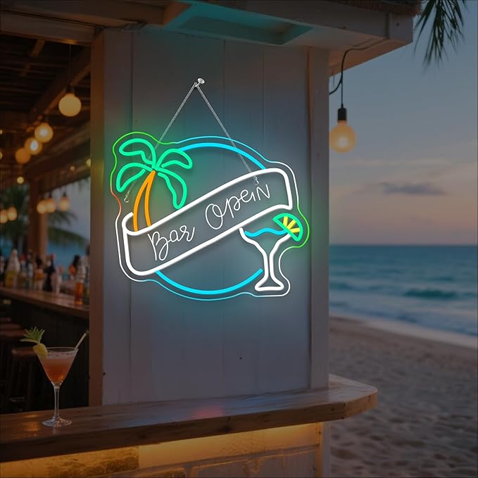 WX&YH Bar Open Neon Sign Cocktail Coconut Tree Led Light Open Signs for Business Bar Decorations for Home Pub Party Club Beer Bar Lights Man Cave Coffee Stores Restaurant Palm Decor Gifts