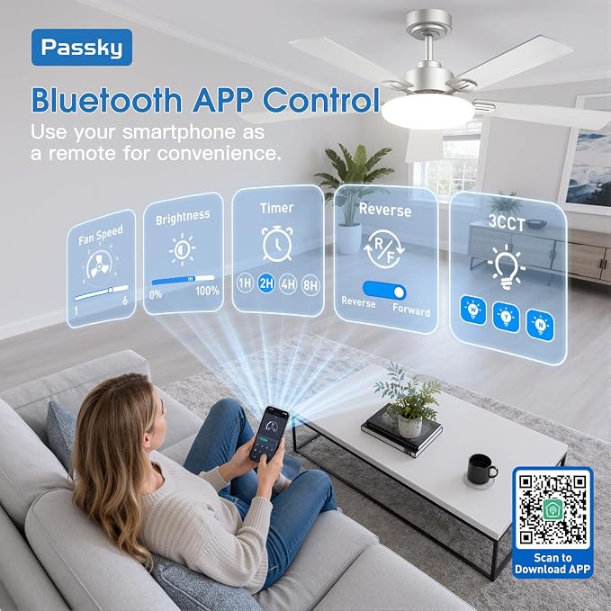 Passky Ceiling Fans with Lights, 52 inch Sleek Ceiling Fan with Light and Remote Control, 3CCT, Dimmable, Reversible, Noiseless, Silver Ceiling Fan for Bedroom, Living Room | 3-color dimmable light, quiet reversible DC motor, easy install, memory, Time...