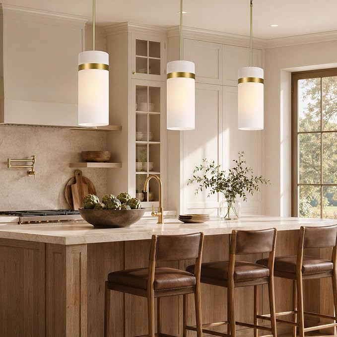 Handcrafted Brass Pendant Light Fixtures, 6 Inch Modern Large Frosted Glass Kitchen Pendant Lights, Hanging Island Lights, for Kitchen Island, Dining Room,Bedroom,Includes Bulb
