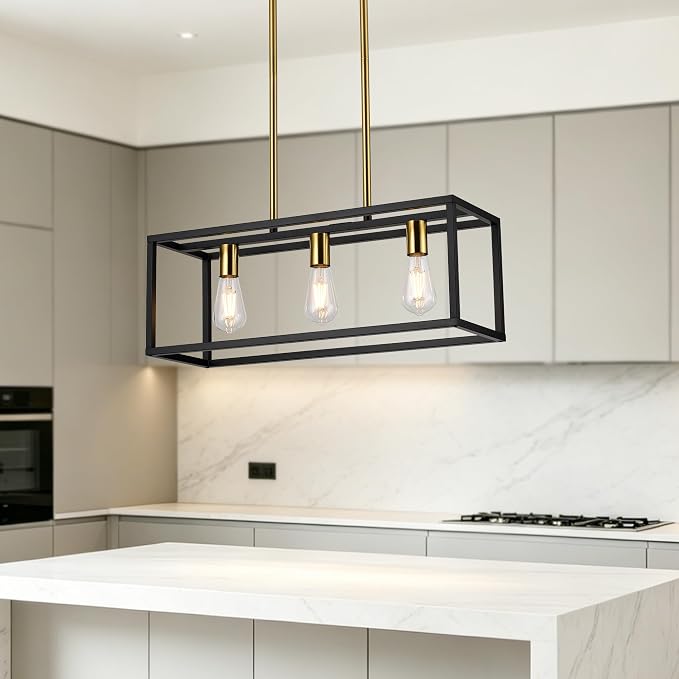 Farmhouse Kitchen Island Lighting, Modern Industrial Chandelier, 3-Light Black&Brushed Brass Linear Rectangular Pendant Light Fixtures for Farmhouse Kitchen Dining Room Bar Foyer