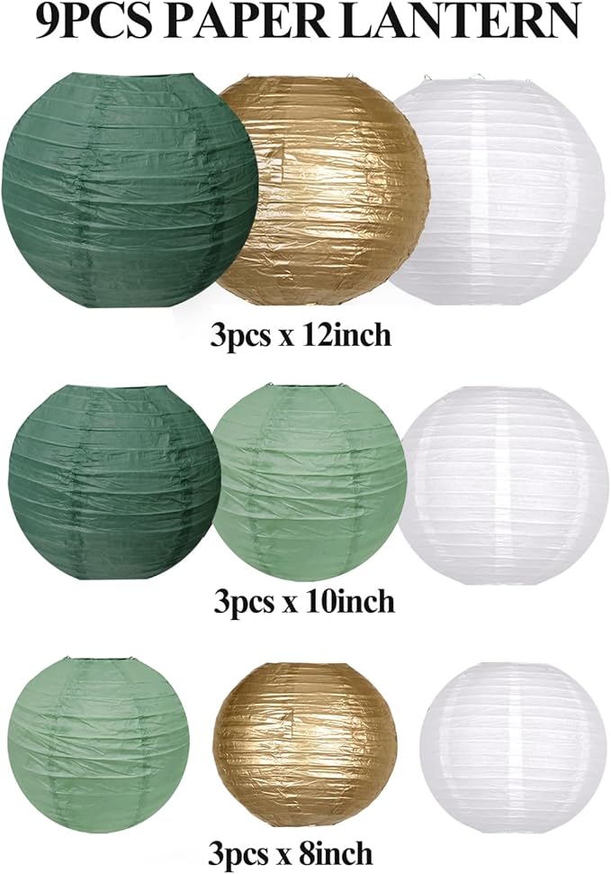 Paper Lanterns Decorative, Hanging Paper Lanterns Party Decorations for Graduation Wedding Baby Shower Tropical Jungle Theme Birthday Party Decorations Sage Green/Gold/White 9pcs