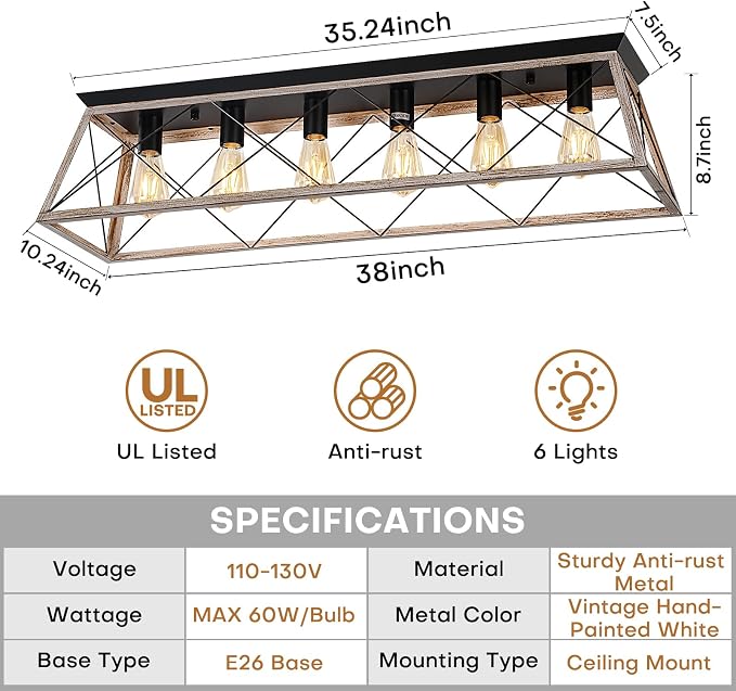 38" Large Rectangular Flush Mount Ceiling Light with Oak White Finish | 6-Light Vintage Industrial Farmhouse Cage Chandelier for Dining Room Living Room Hallway, Dimmable Kitchen Ceiling Lighting
