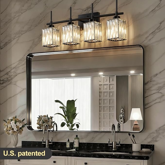 Torondo Modern Crystal Bathroom Vanity Light 4-Lights Matte Black Bathroom Light Fixtures Over Mirror Matte Black Vanity Lighting Fixtures Square Shade Brass Wall Sconce (Bulbs Not Include)