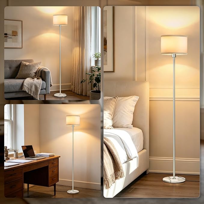 63" Silver Floor Lamps for Living Room, Standing Lamp with Marble Base | Tall Pole Light with White Linen Shade, Modern Floor Lamp for Bedroom Reading Office Corner Nursery, Bulb Included