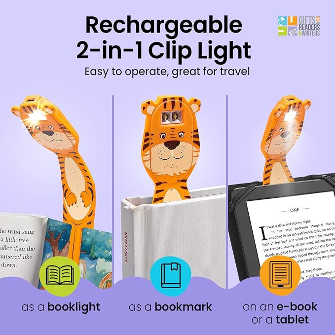 Gifts for Readers & Writers Rechargeable Book Light for Kids, Clip On Reading Light for Bed, 2in1 Flexilight Pals & Bookmark, 12 Hours of Light Once Charged, Includes USB Cable & 2 LED Lights, Tiger