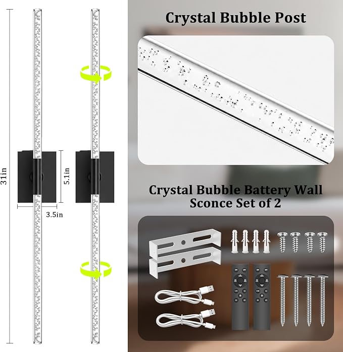 Crystal Bubble Wall Sconces Set of 2, Black 10000mAh Rechargeable | Wireless Lights with Remote & 360° Rotate, 4 Color Temps Dimmable, 31.5" Wall Lamp for Bedroom Living Room Mirror