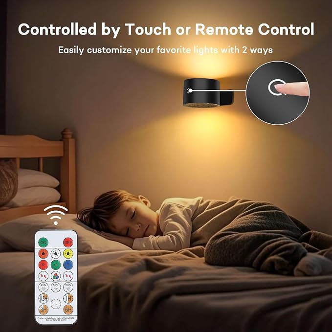Lightess Battery Operated Wall Sconce Black, Remote Control, Set of 2 | 5000mAh Rechargeable, 19 Colors Dimmable, Stick on Wall Lights for Hallway, Bedroom, Living Room