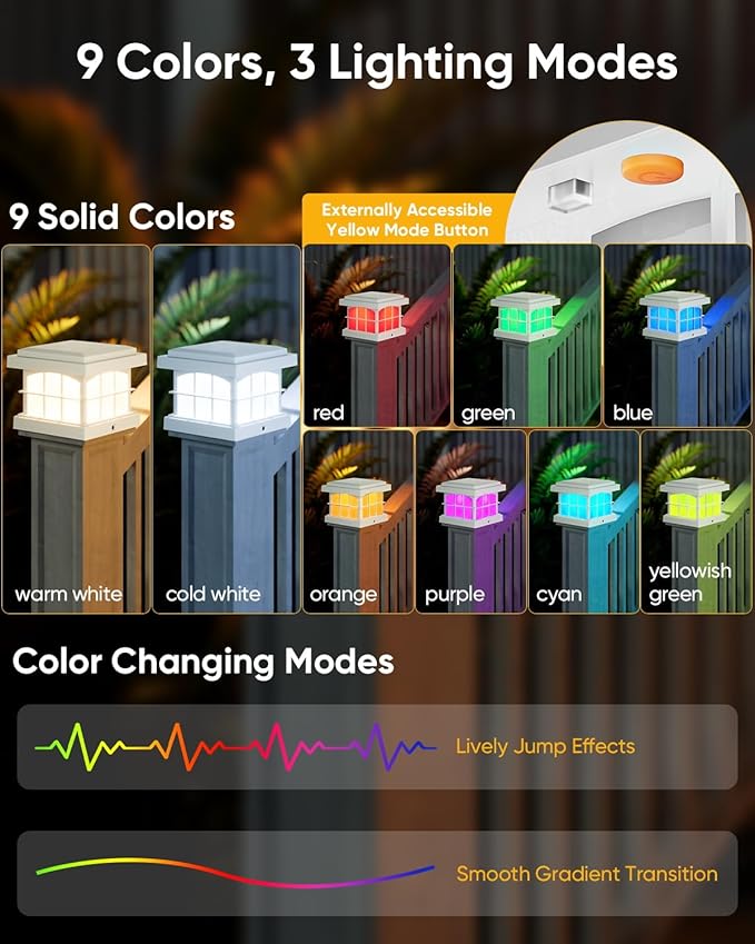 PARTPHONER RGBCW Solar Post Cap Lights 2-Pack, 9 Colors 3 Modes Fence Cap Lights, Bright Solar Outdoor Waterproof LED Deck Lighting for Fence Garden Deck Patio Porch Decor 4x4 Vinyl/Wood, White