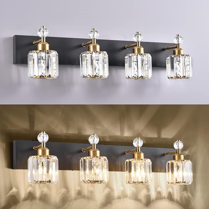 PRESDE 4-Light Crystal Bathroom Vanity Light, Modern Black and Gold Bathroom Lights Fixtures Over Mirror Modern Bath Wall Sconce