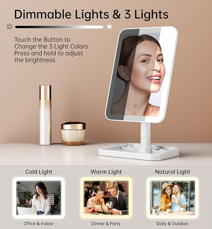 Lighted Makeup Mirror, Rechargeable Makeup Mirror with Lights, Vanity Mirror for Desk 360° Rotation, 3 Color LED Lights Detachable Light Up Mirror for Makeup Room Decor for Girls, Brithday's Day Gifts