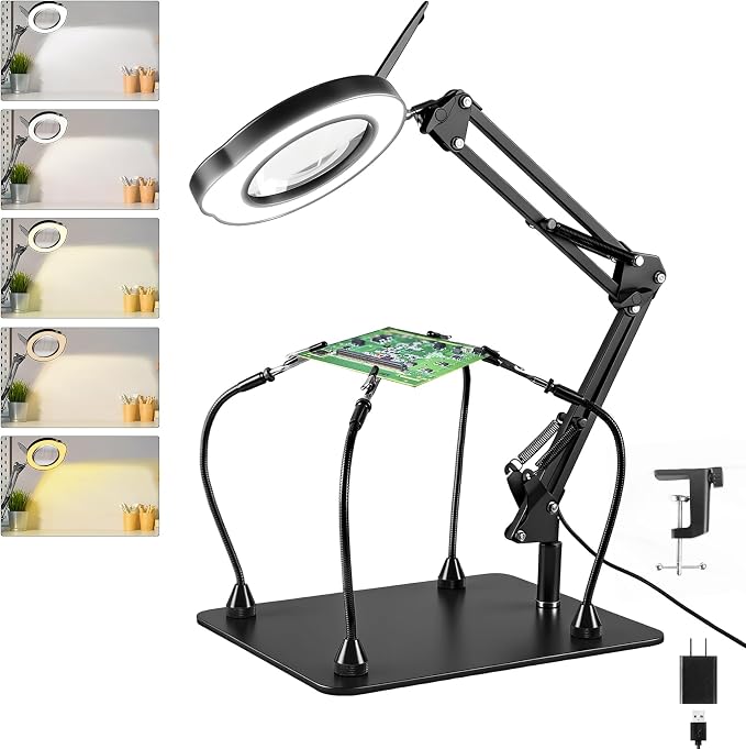 10X Magnifying Glass with Light and Stand, Black 4.3" Helping Hands Soldering Station with 4 Flexible Helping Arms, 5 Color Mode, 10 Dimmable Levels for Electronics Repair, Jewelry, Hobby