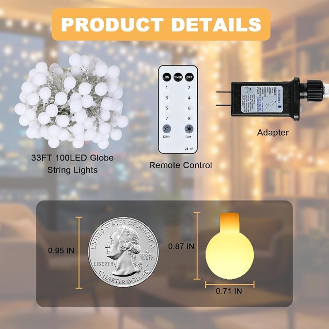 33FT 100LED Globe String Lights, Waterproof 8 Modes Hanging Fairy Lights Plug with Remote for Patio Garden Holiday Tree Yard Party Wedding Indoor Outdoor Decor, Warm White