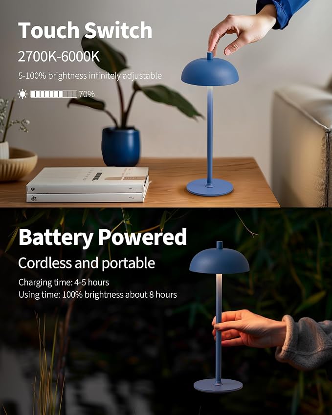 12" Cordless Table Lamps Set of 2, Blue Modern Portable Desk Lamp | LED, 3 Color Dimming, Rechargeable, Battery Operated Lights for Bedroom, Outdoor, Restaurant, Bedside, Night Light, Gifts