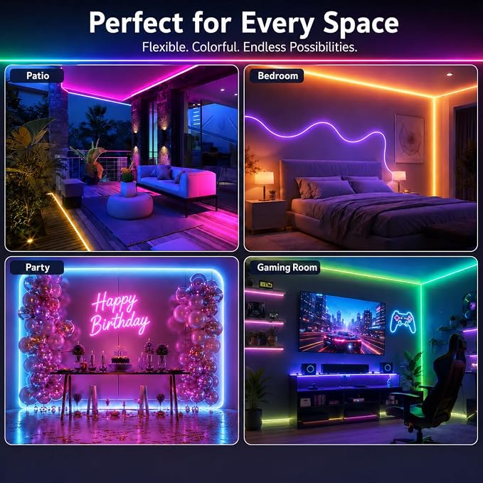 Neon Rope Light 50FT, Flexible RGB Neon LED Strip, IP65 Waterproof | Control with App/Remote, Multi Modes, Music Sync LED Rope Lights for Bedroom, Game room, Party, Patio, Indoor Outdoor Decor