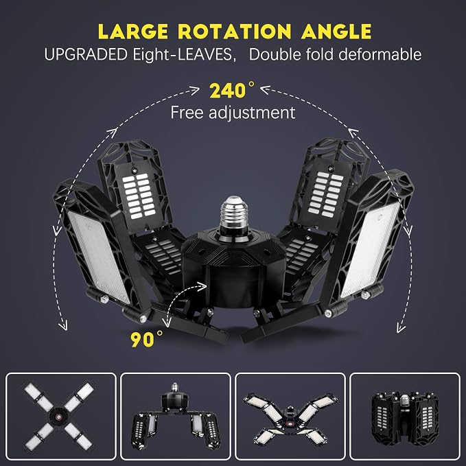 4 Pack LED Garage Light, Super Bright Screw in E26/E27 Ceiling Shop Work Lamp, 200W 20000 Lumen Deformable Basement Bulb Fixture with 8 Adjustable Panels