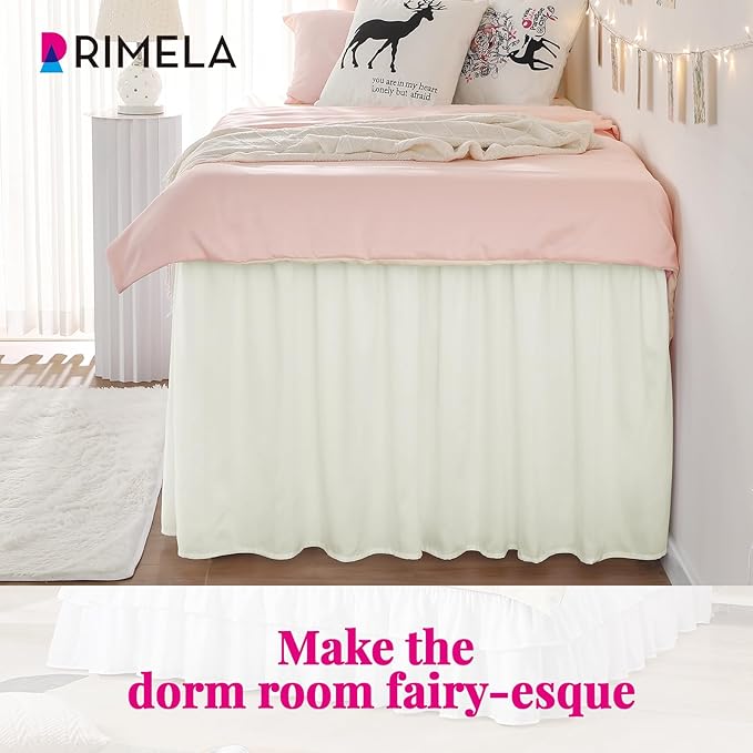RIMELA Dorm Bed Skirt Twin XL 42 Inch Drop, Easy to Install Extra Long Wrap Around Elastic Dust Ruffle, Cream Bedskirt Silky Fabric Machine Washable (Twin XL 80“L x 39”W & Twin 75“L x 39”W)