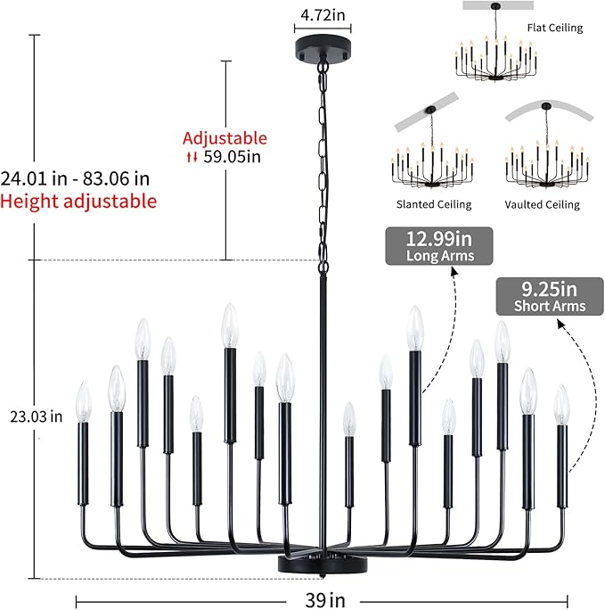Black Chandelier, 16 Light Farmhouse Chandeliers for Dining Room Lighting Fixtures Hanging, Candle Chandelier Light Fixtures, Industrial Chandeliers for Living Room Kitchen Staircase Foyer