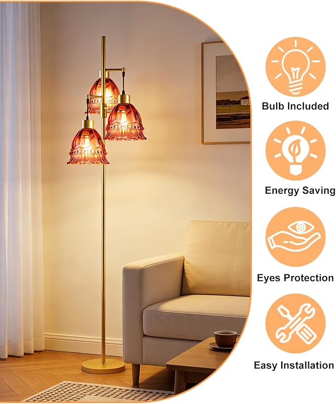 Lightdot 3-Lights Glass Floor Lamp Dimmable Gold Floor Lamp with Deep Red Glass Shade 3000K Bulbs Included Unique Modern Standing Tall Lamp with 5Lbs Heavy Base for Living Room/Bedroom/Sofa Beside