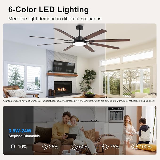 80 Inch Ceiling Fans with Lights and Remote, Bedroom Living Room Office Library Cafe Outdoor Industrial, 5CCT Dimmable, Dual Color 8 Blades, 6 Speed Reversible Quiet DC Motor, Black/Wood Grain