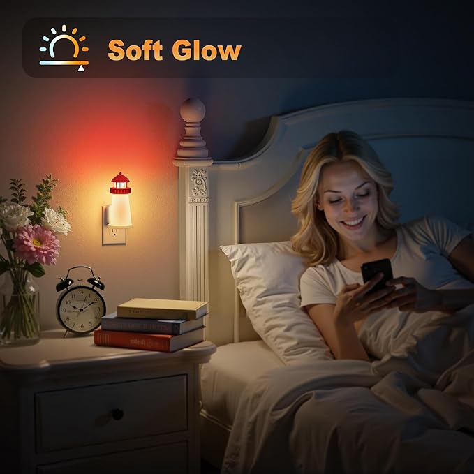 JandCase Night Lights Plug into Wall,3D Printed Beacon Night Light,3000K Plug in Nightlight with Dusk to Dawn Sensor,0-100LM Adjustable Brightness for Rooms Bathroom Hallway