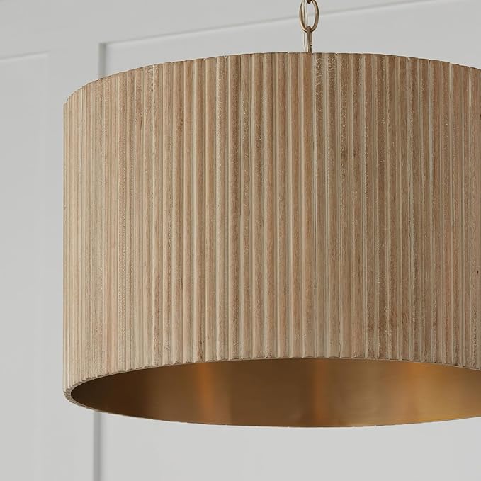Capital Lighting 350741WS Donovan Mid-Century Modern Artisan Luxe Fluted Mango Wood Drum Pendant Ceiling Light, 3-Light 180 Total Watts, 15" H x 20" W, White Wash and Matte Brass